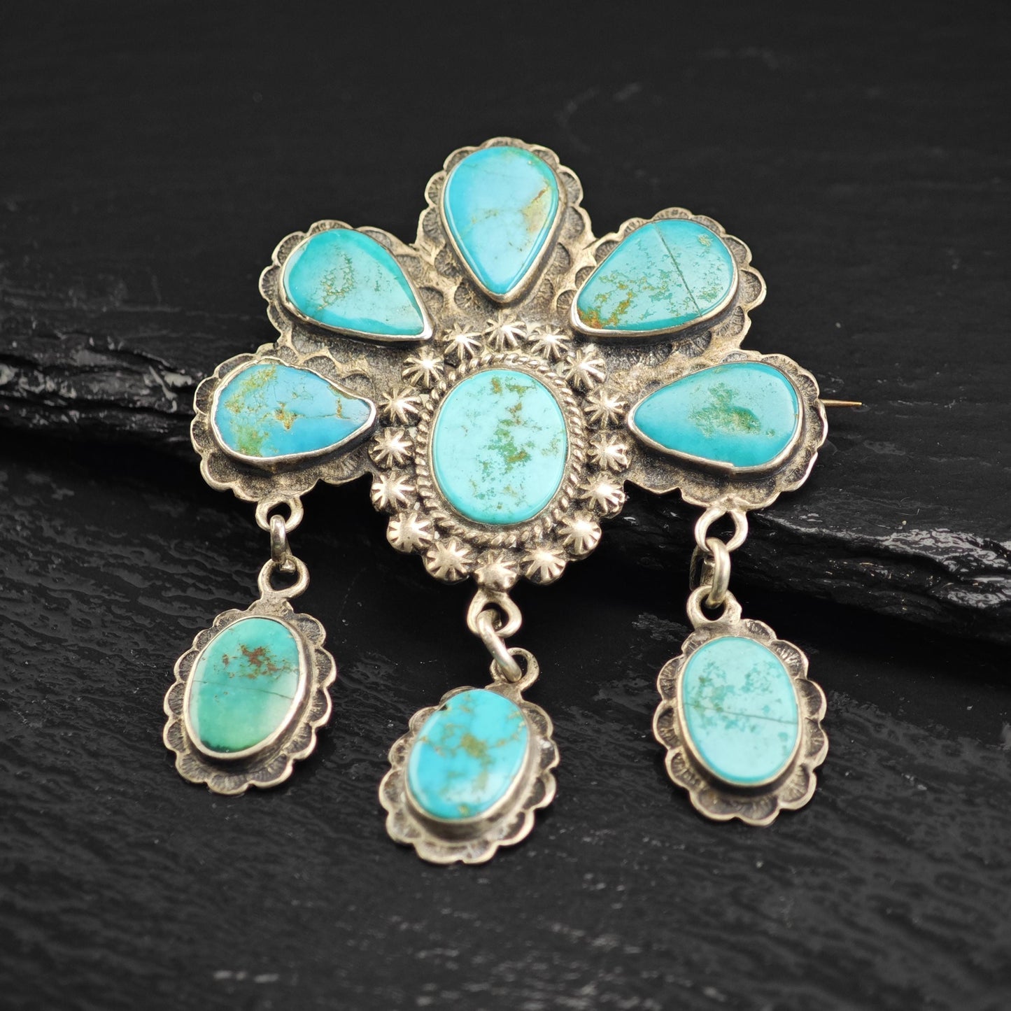 Historic, Native American Turquoise Sterling Silver Brooch
