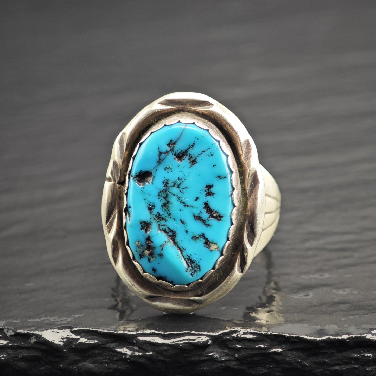 Vintage Native American Oval Turquoise Sterling Silver Ring Sz 11 1/2 R6629