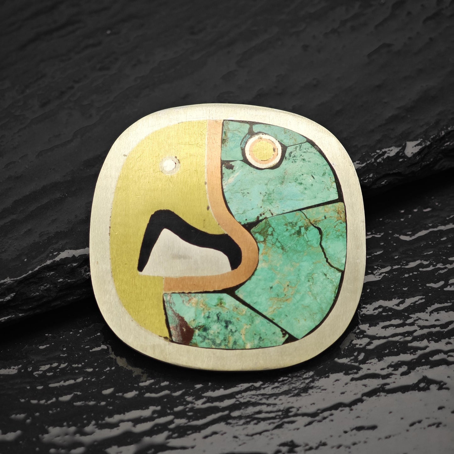 Taxco Abstract Brooch Pendant Multi-Color Mixed Metal Design Sterling Silver