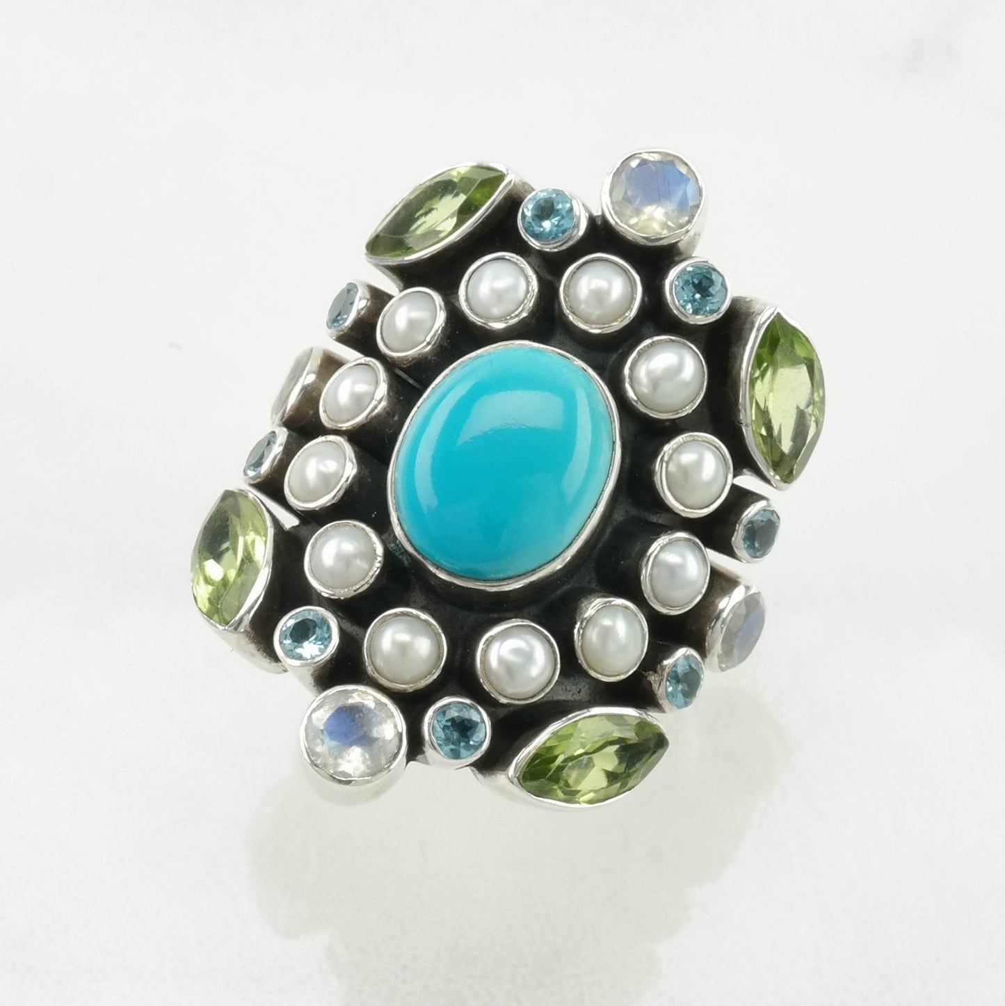 Nicky Butler Silver Ring Turquoise, Pearl, Peridot Cluster Sterling Size 7 1/4