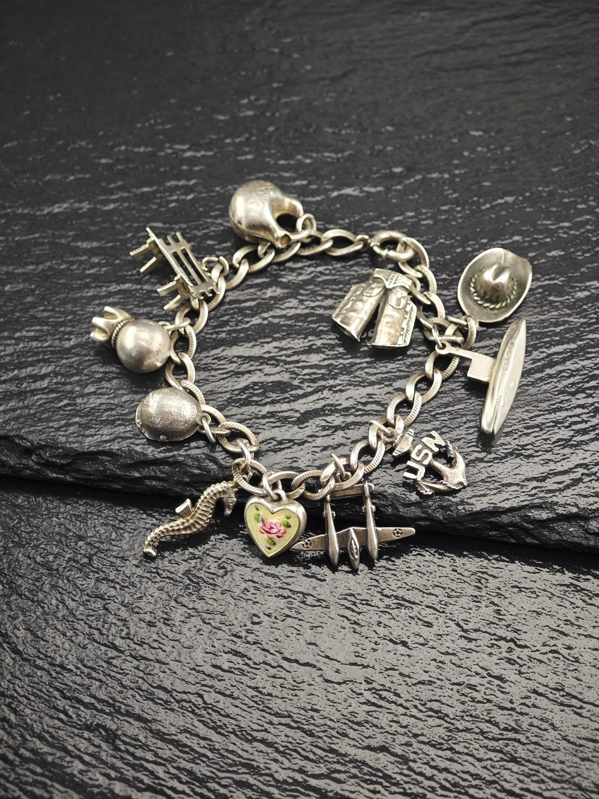 1930's WWII USN, Enamel Heart Charm, Bracelet Sterling Silver BR2911