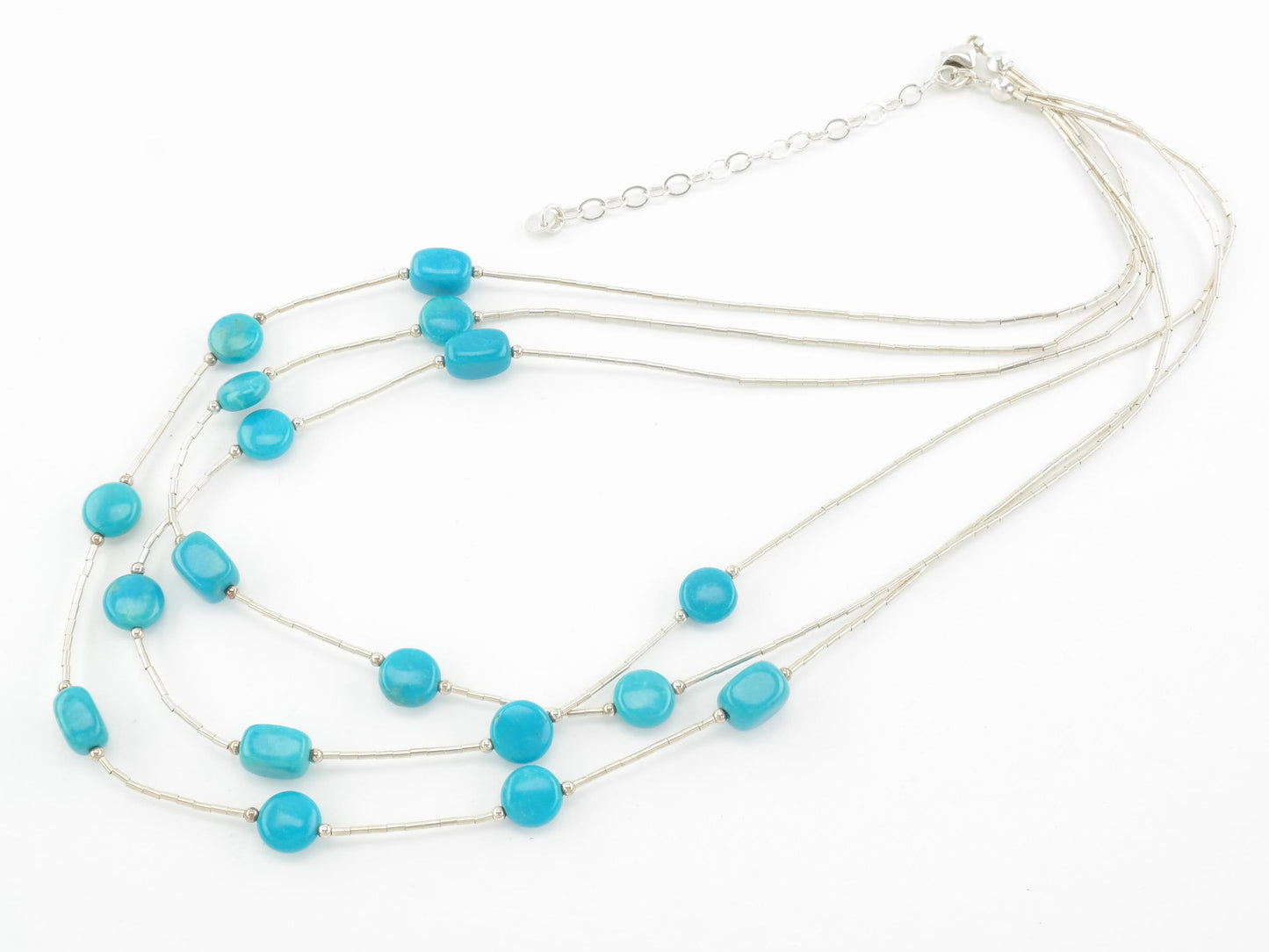 Southwest Sterling Silver Blue Turquoise 3 Strand, Liquid Silver Necklace