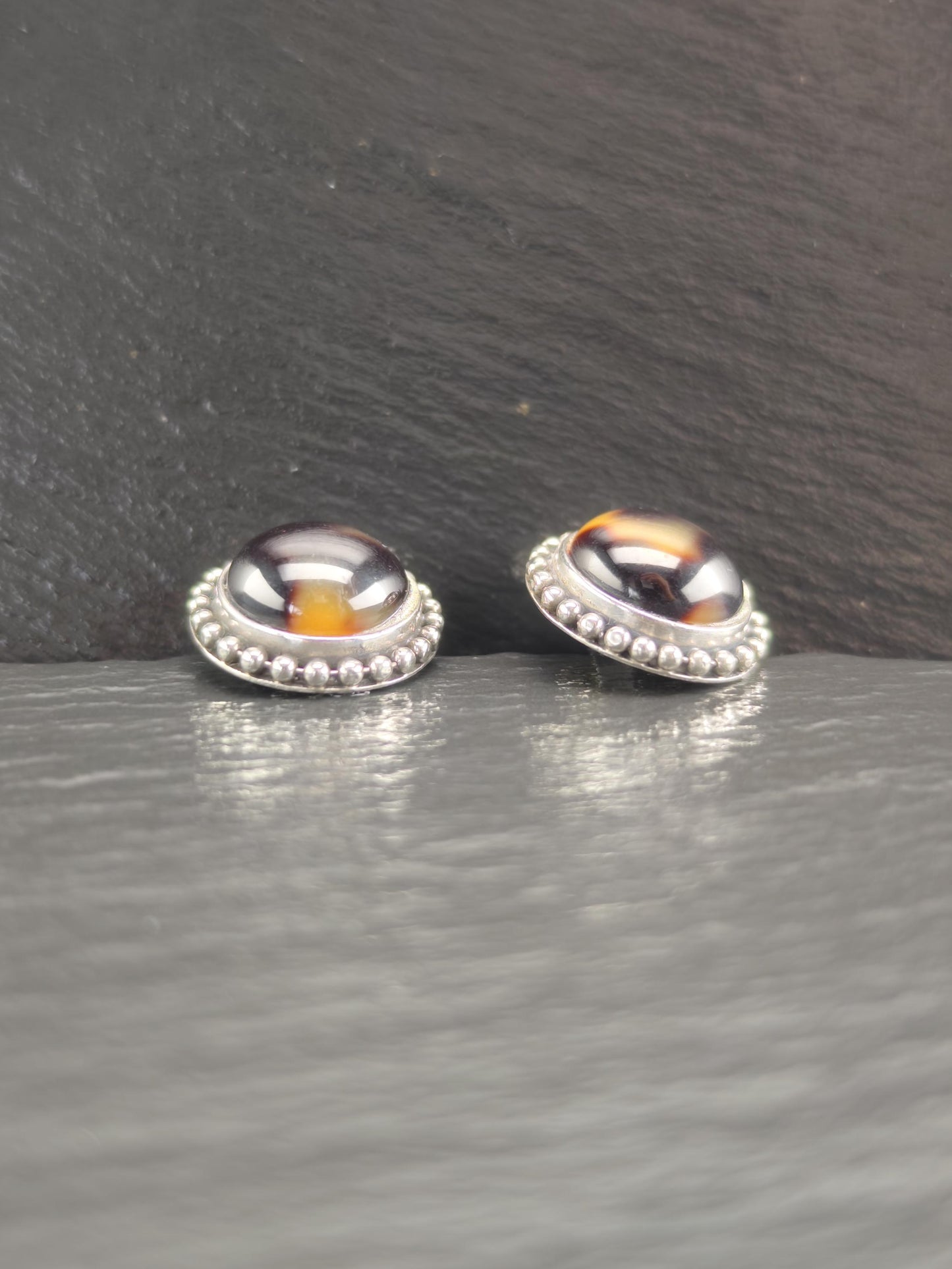 Vintage Brown Gemstone, Dome Sterling Silver Stud Earrings