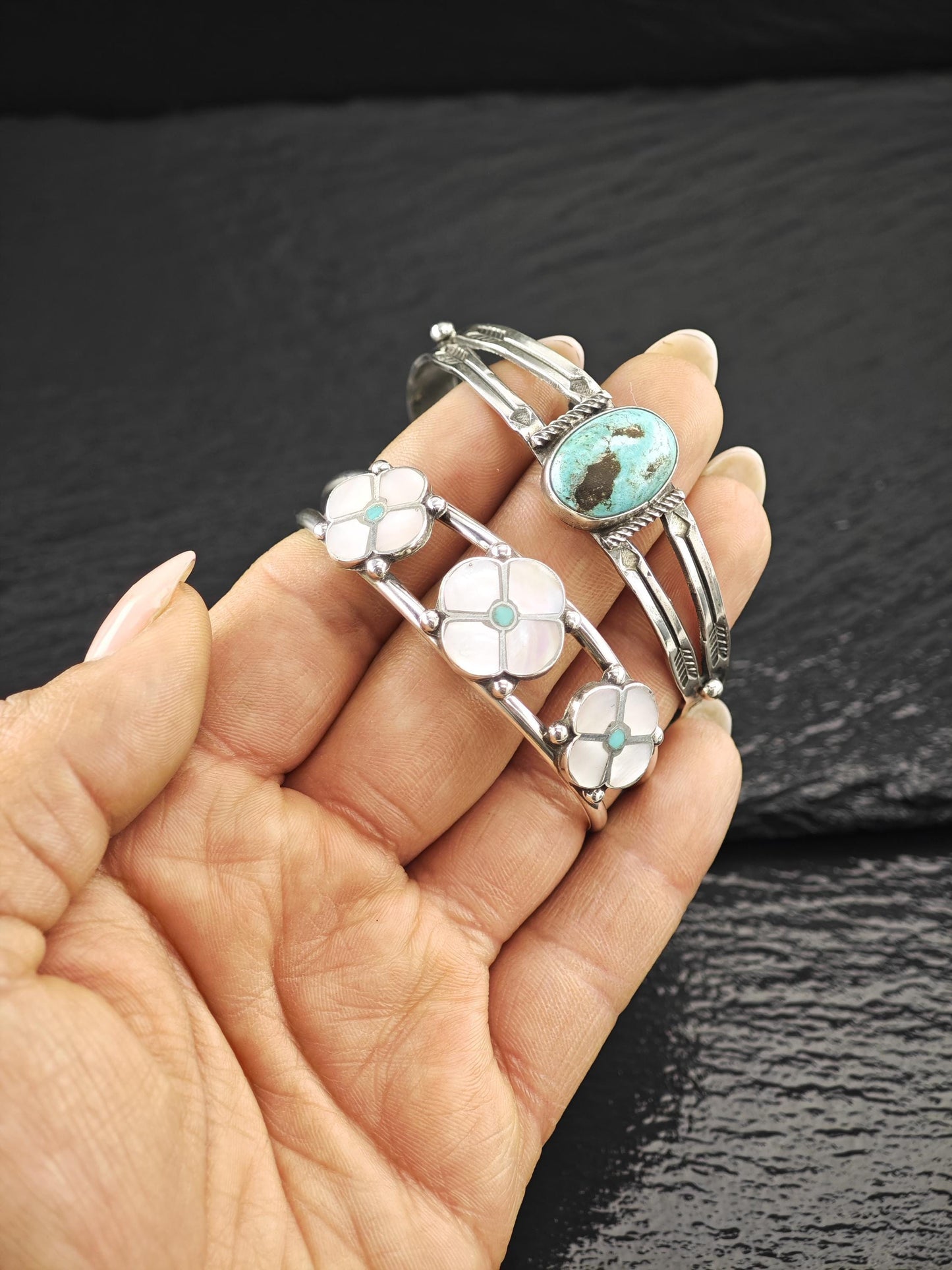 Curio Native American, Stamped Natural Turquoise Cuff Bracelet Sterling Silver