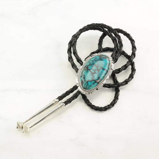 Vintage Native American Sterling Silver Blue Turquoise Oval Bolo Tie