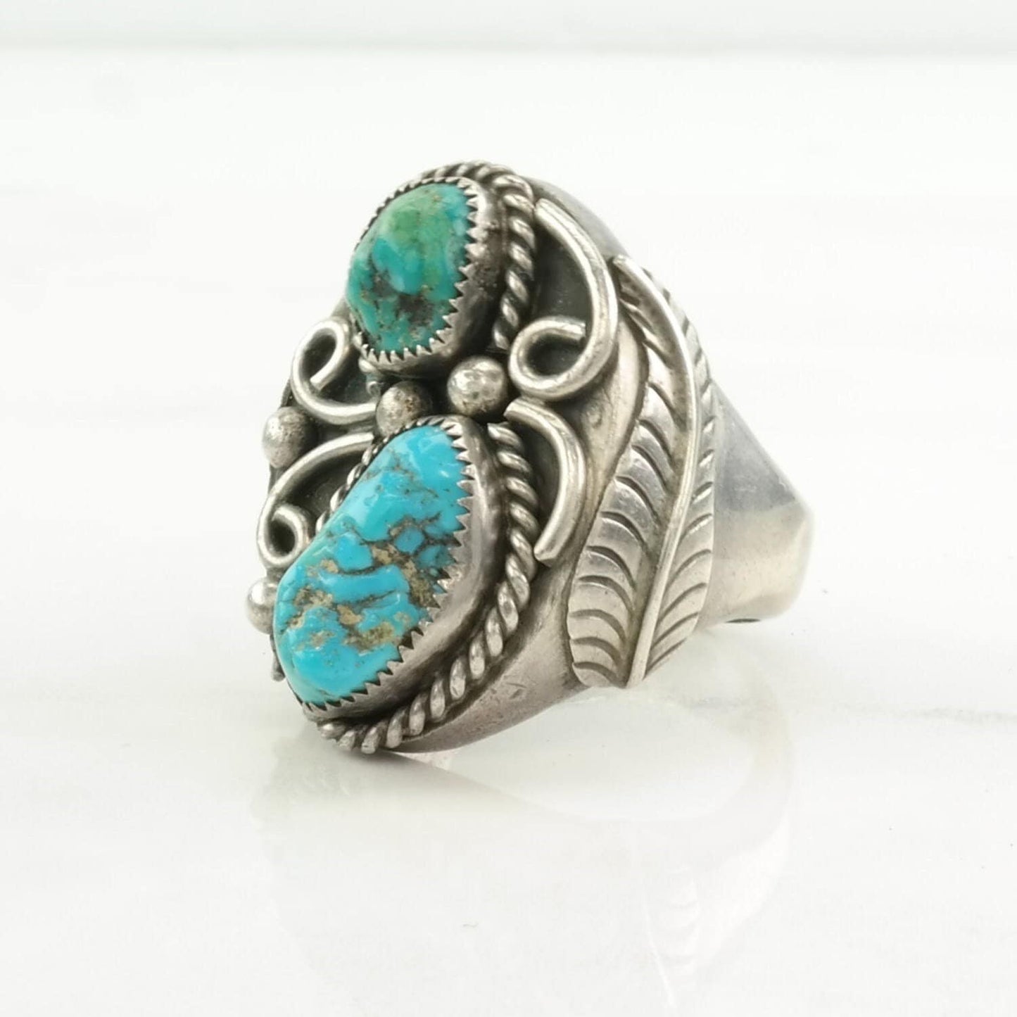 Native American Silver Ring Turquoise Leaf Sterling Blue Size 11 3/4