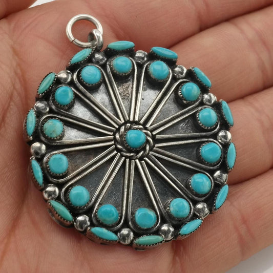 Vintage Zuni Turquoise Cluster Pendant Native American Floral Sterling Silver
