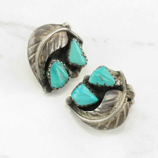 Native American Sterling Silver Carved, Turquoise Feather Earrings Clip on