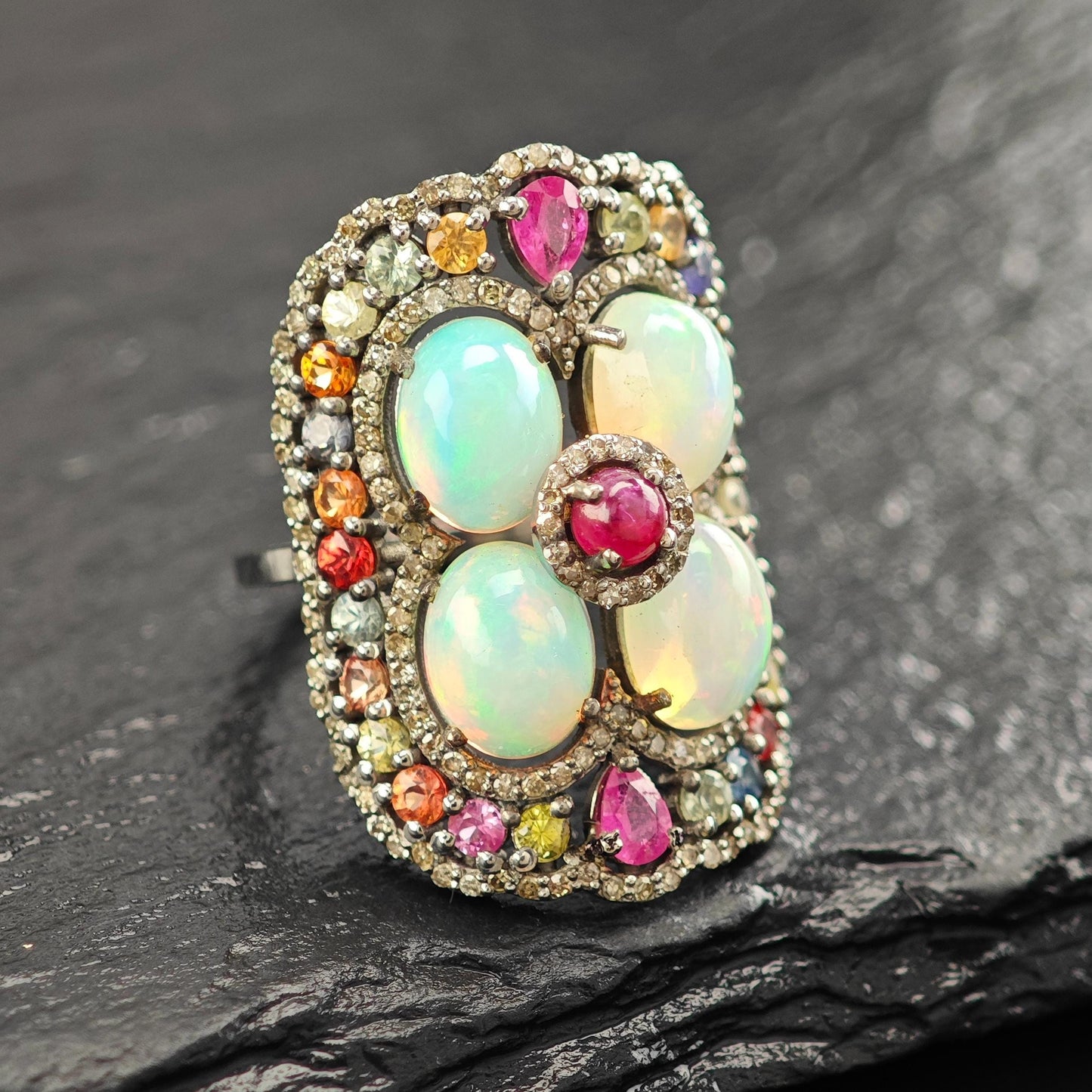 Oxidized Sterling Silver Ring with Ruby, Opal, Diamond, Sapphires
