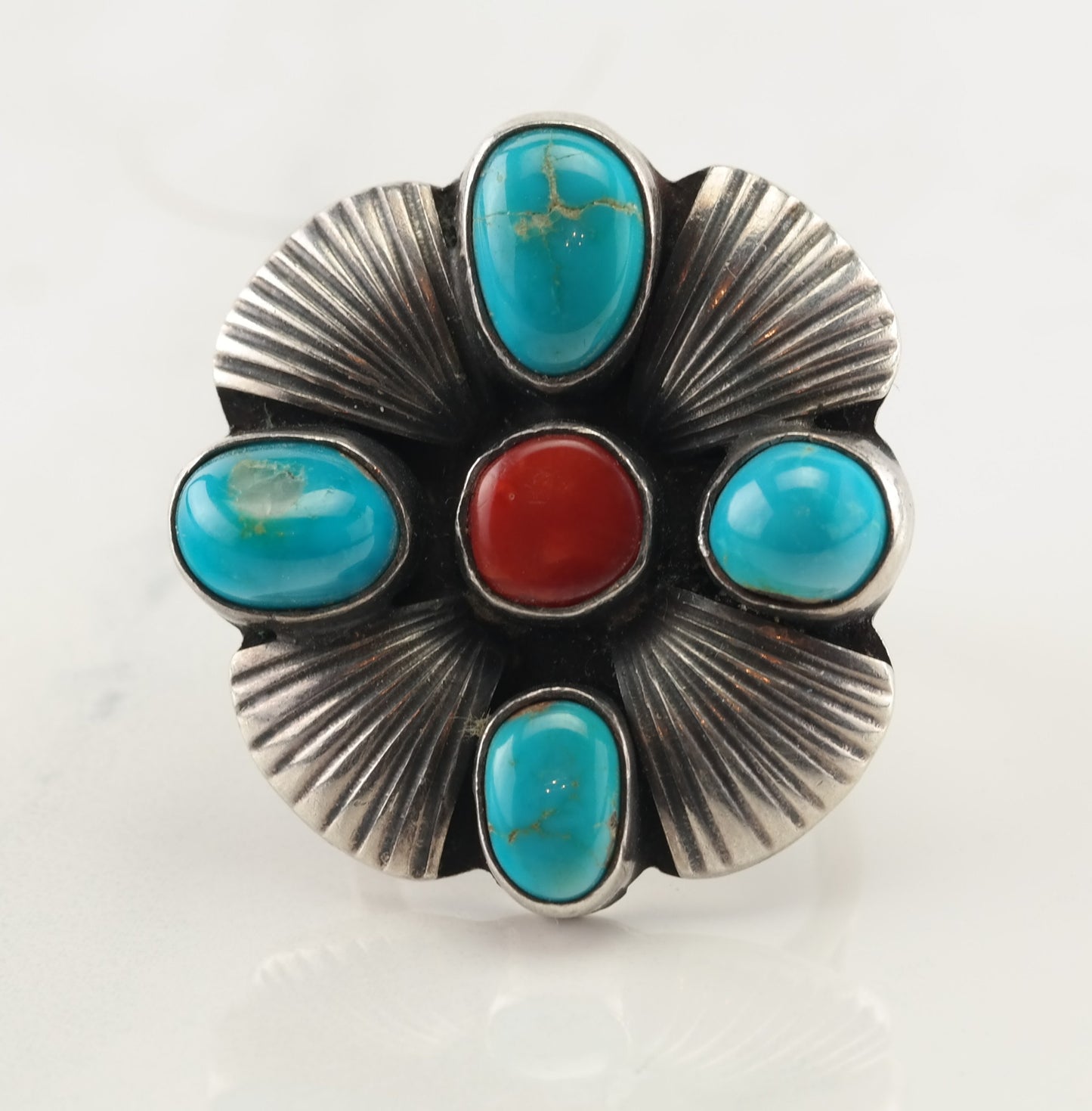 Native American Silver Ring Turquoise, Coral Floral Sterling Size 7