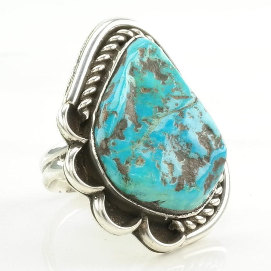 Vintage Native American Silver Ring Turquoise Rope Detail, Kingman Sterling Blue Size 8 1/2