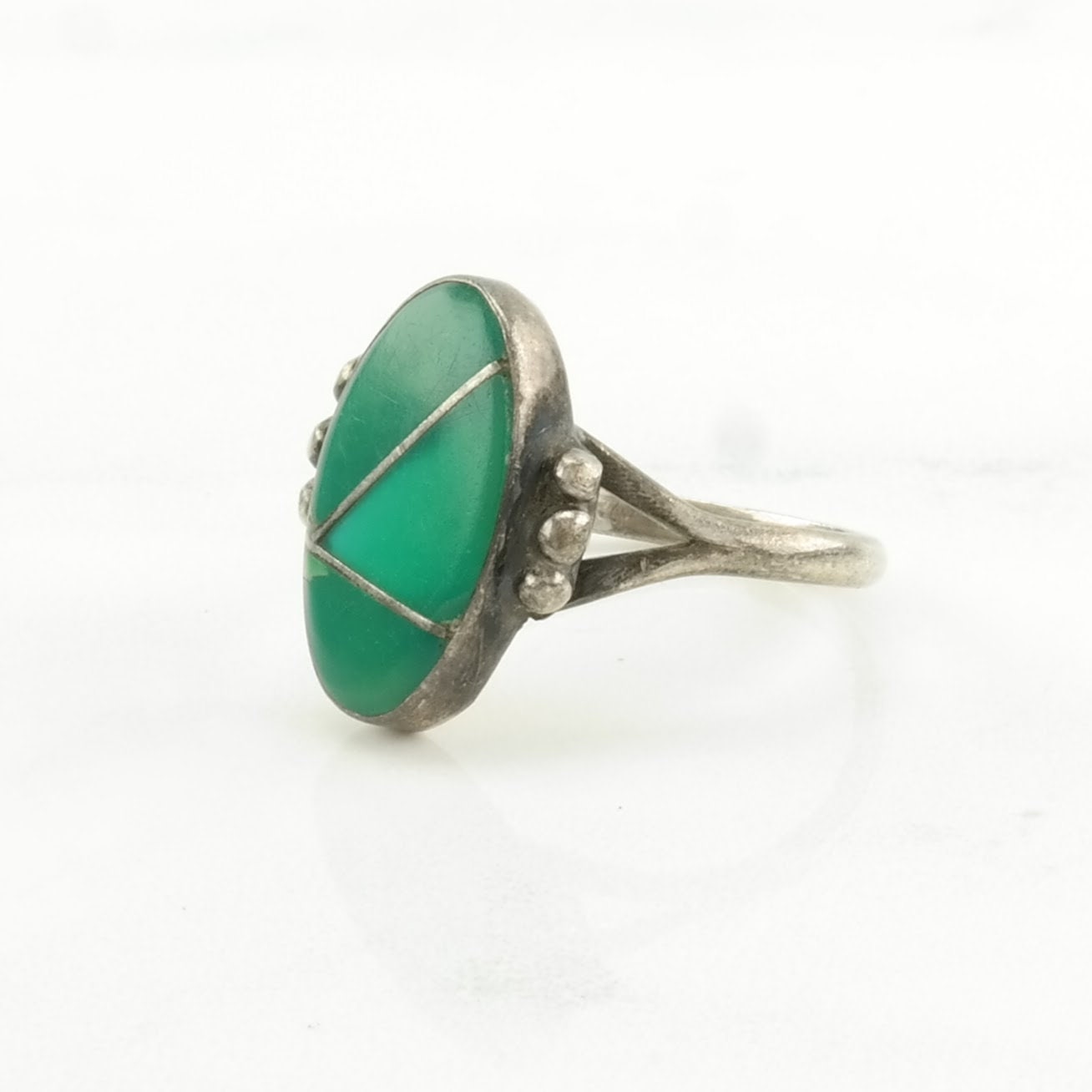 Historic, Native American Silver Ring Turquoise Inlay Sterling Green Size 5 3/4