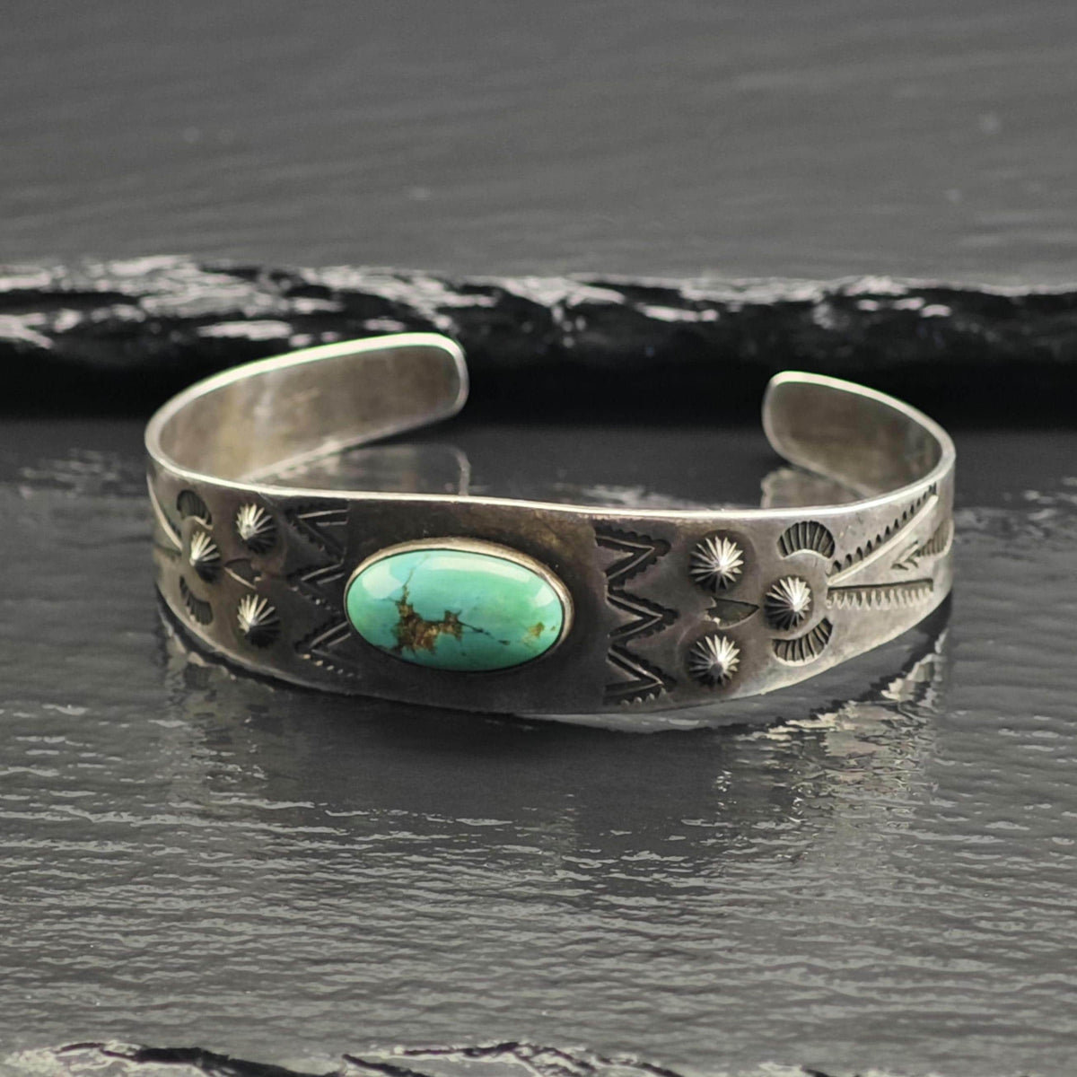 Fred Harvey Era Blue Gem Turquoise Stamped Sterling Silver Cuff Sz 6 1/4" BR3116
