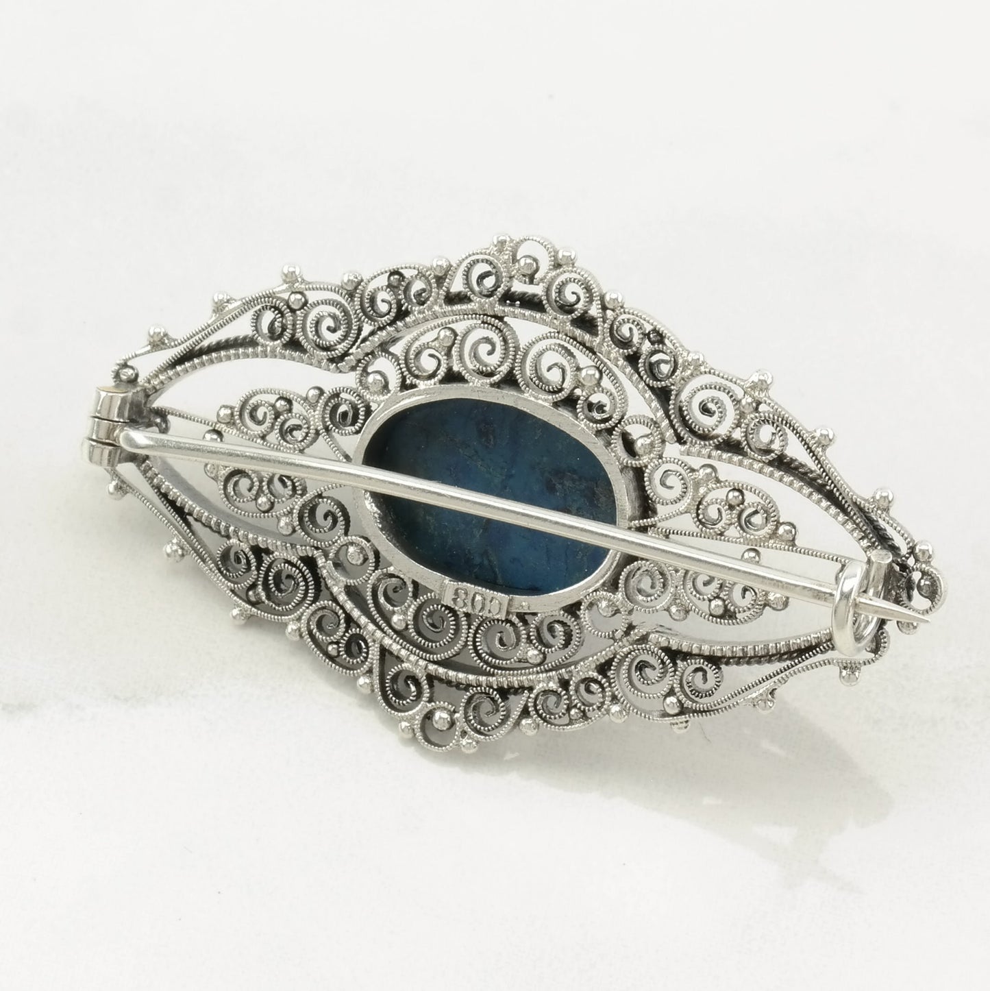 Italian Sterling Silver Brooch Filigree Lapis Lazuli