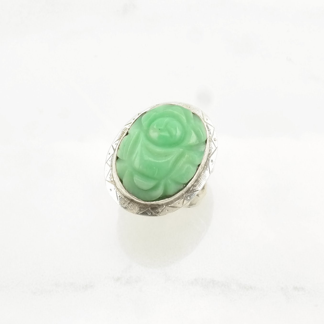 Sterling Silver Ring Jade Carved Green Size 4 3/4