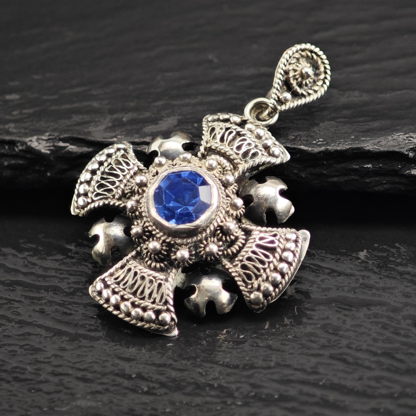 Blue Stone Jerusalem Cross Pendant Sterling Silver P3074