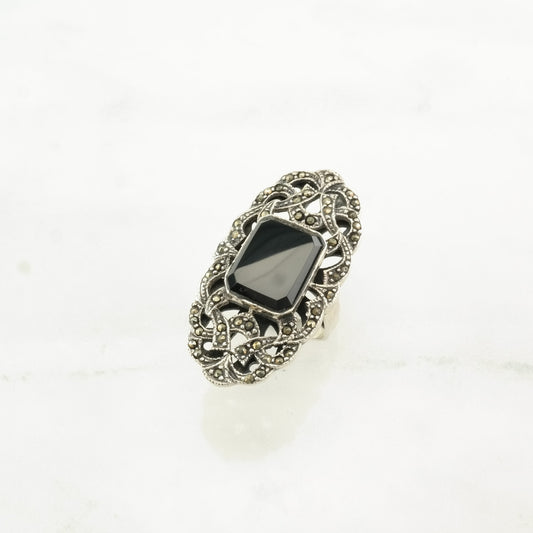 Art Deco Style Silver Ring Onyx, Marcasite Ornate Sterling Size 6 1/4