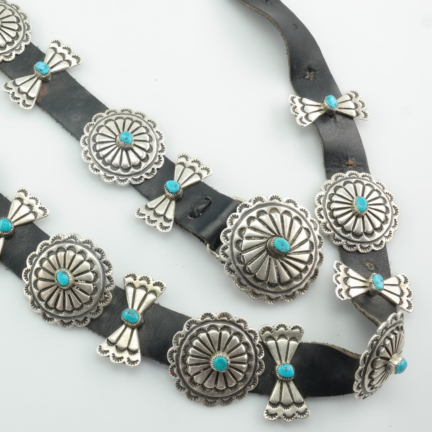 Native American Sterling Silver Leather Bow Turquoise Belt