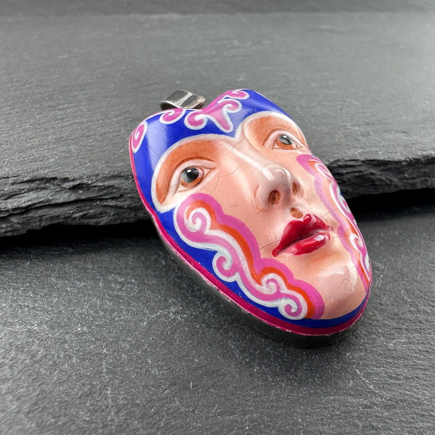 Sergio Bustamante Enamel, Women's Face Brooch/Pendant Sterling Silver