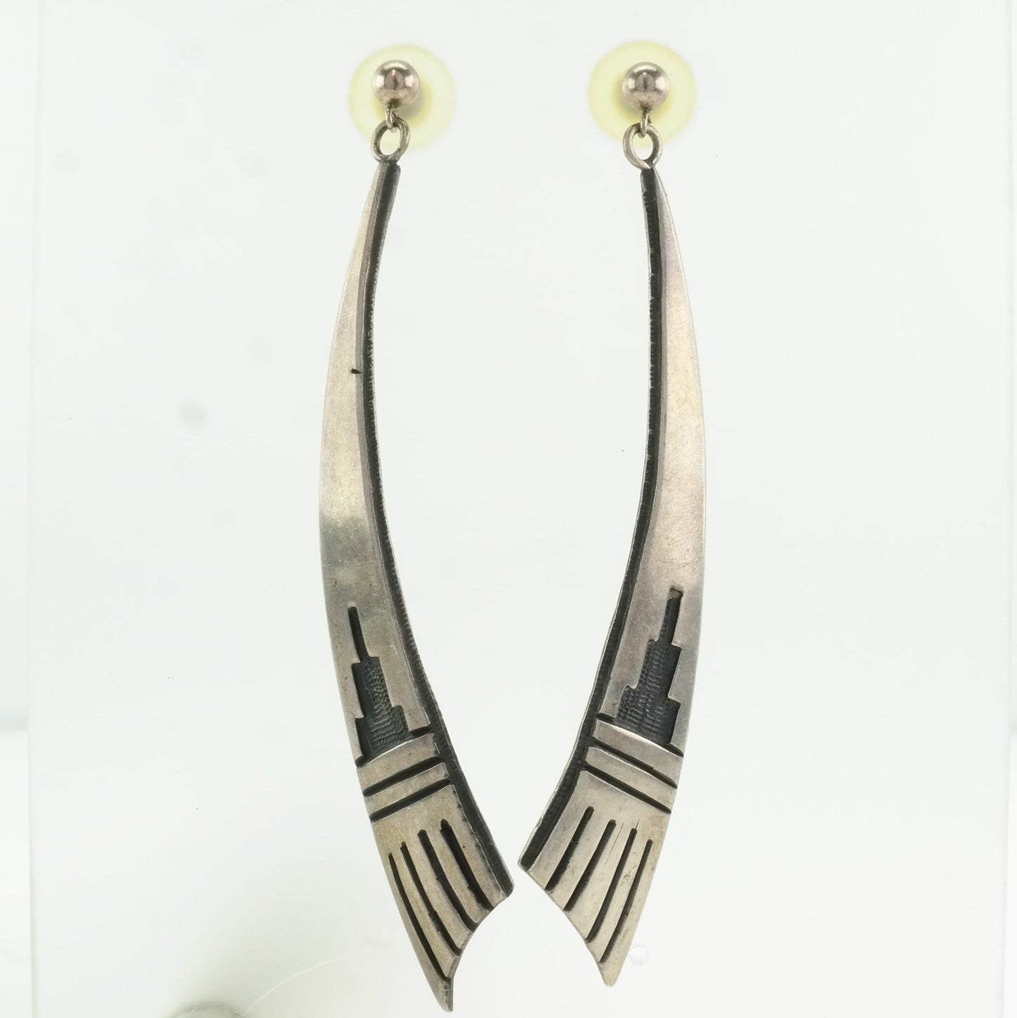 Native American Sterling Silver Long Overlay Earrings Stud Dangle