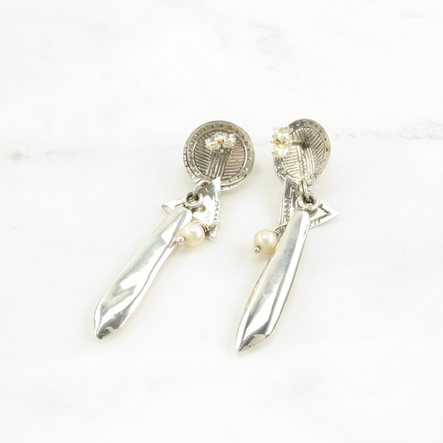 Vintage Sterling Silver Stud, dangle Earrings Peach Pearl Stamped