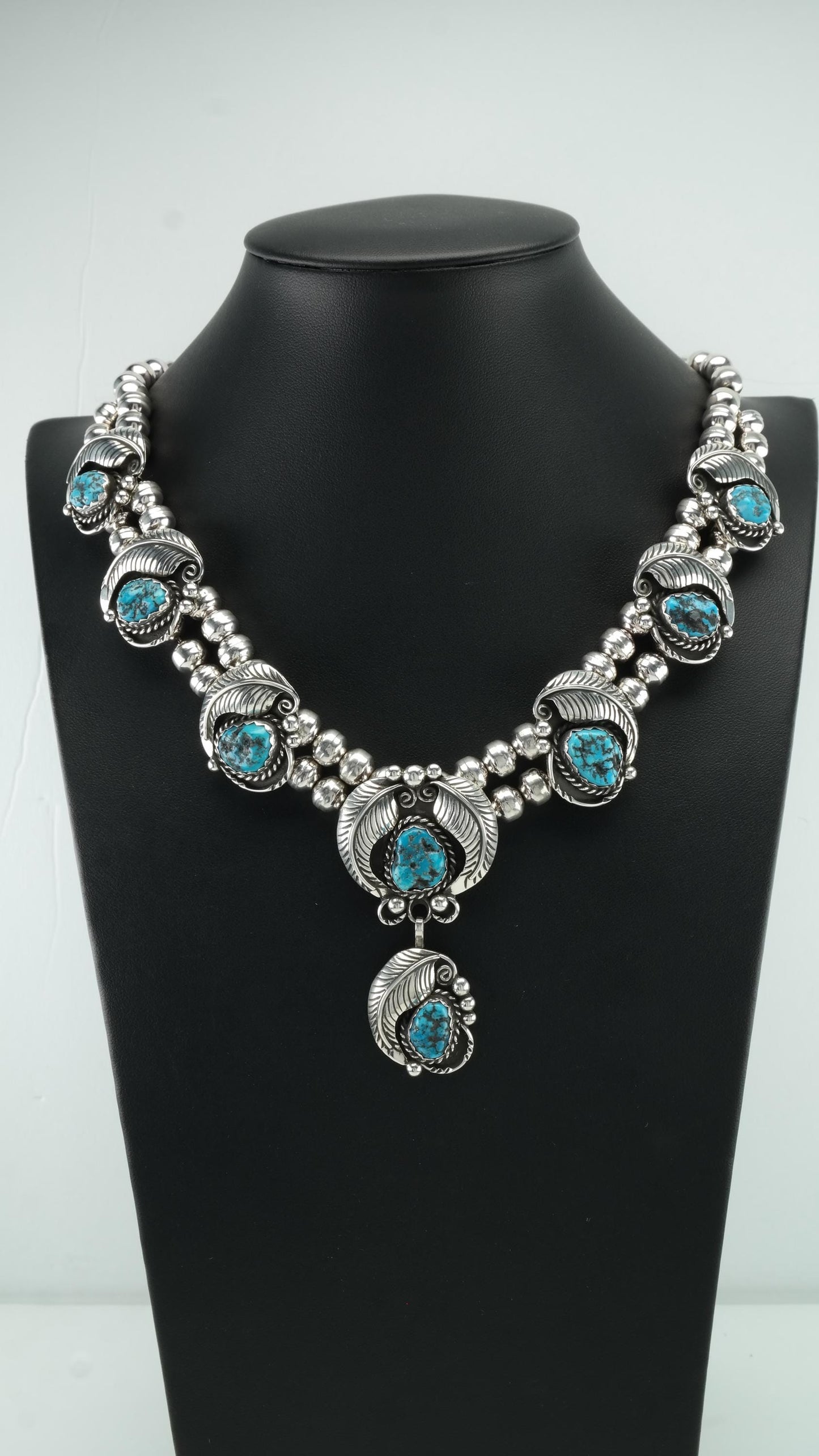 Turquoise Leaf Necklace & Earring Set, Sterling Silver, Native American, D. Secatero