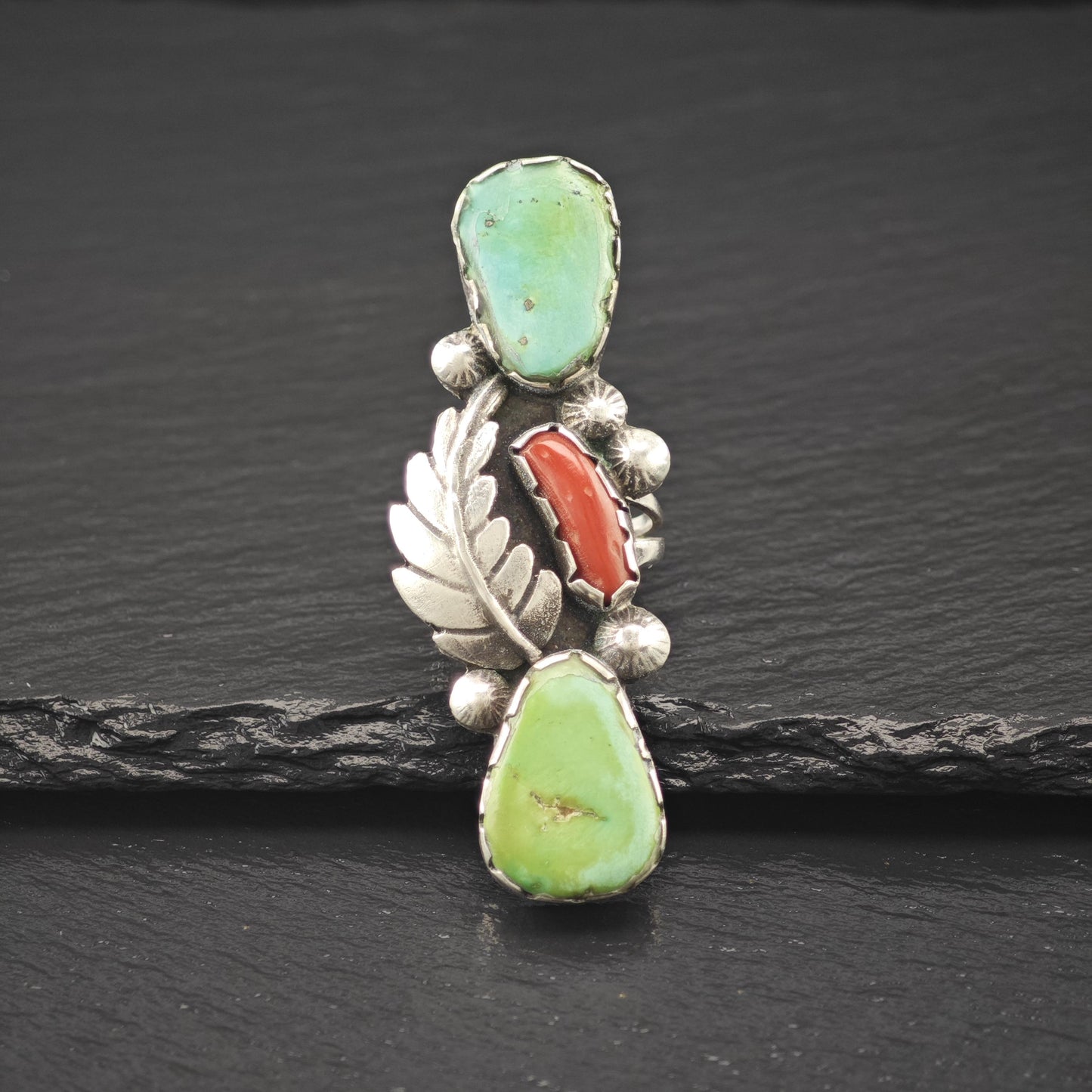 Long Native American Green Turquoise Coral Ring Sterling Silver