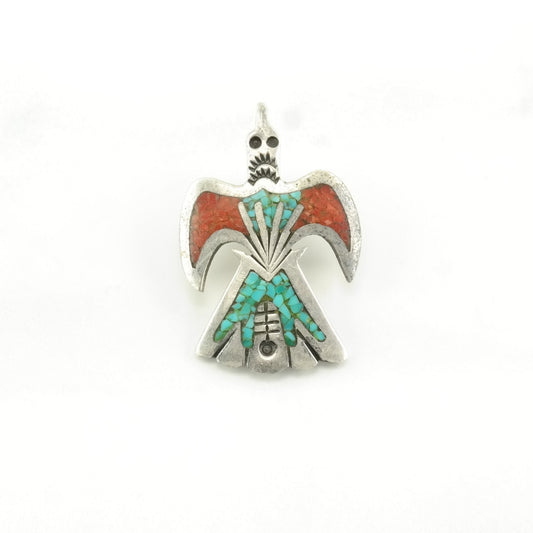 Vintage Native American Turquoise, Coral Inlay Bird Sterling Silver Pendant