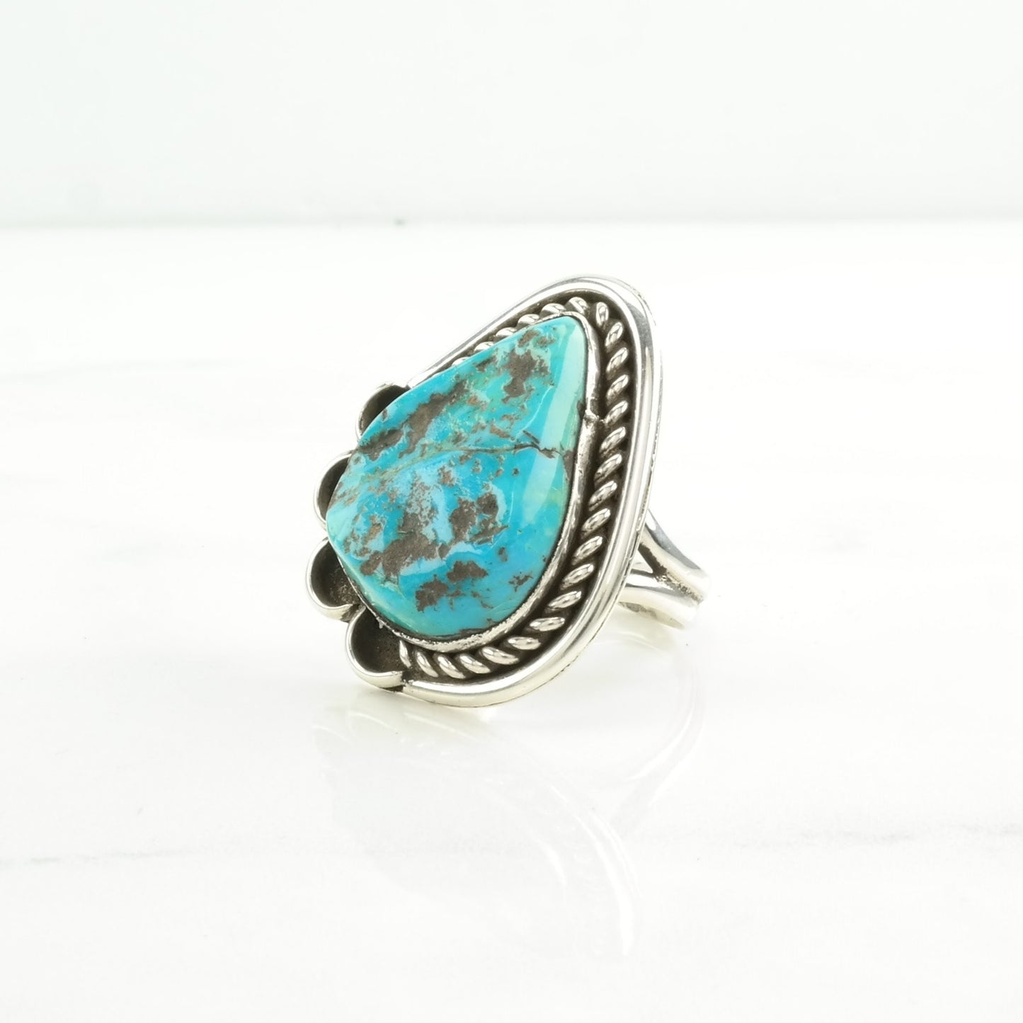 Native American Silver Ring Turquoise Rope Detail, Kingman Sterling Blue Size 8 1/2