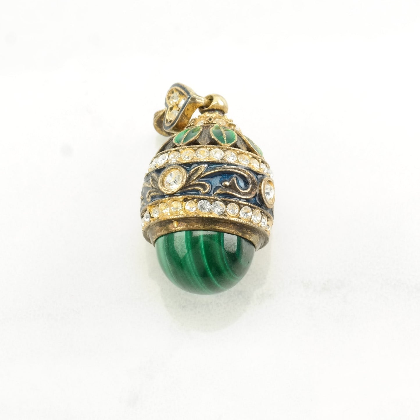 Vintage Rhinestone, Malachite Enamel, Egg Sterling Silver Pendant