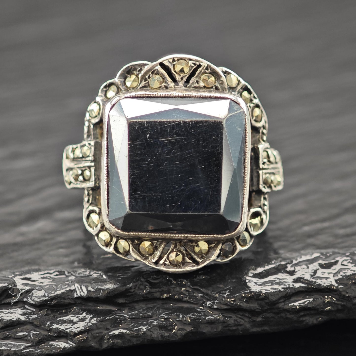 Art Deco Hematite Marcasite Ring Sterling Silver Sz 5 1/4 R6151
