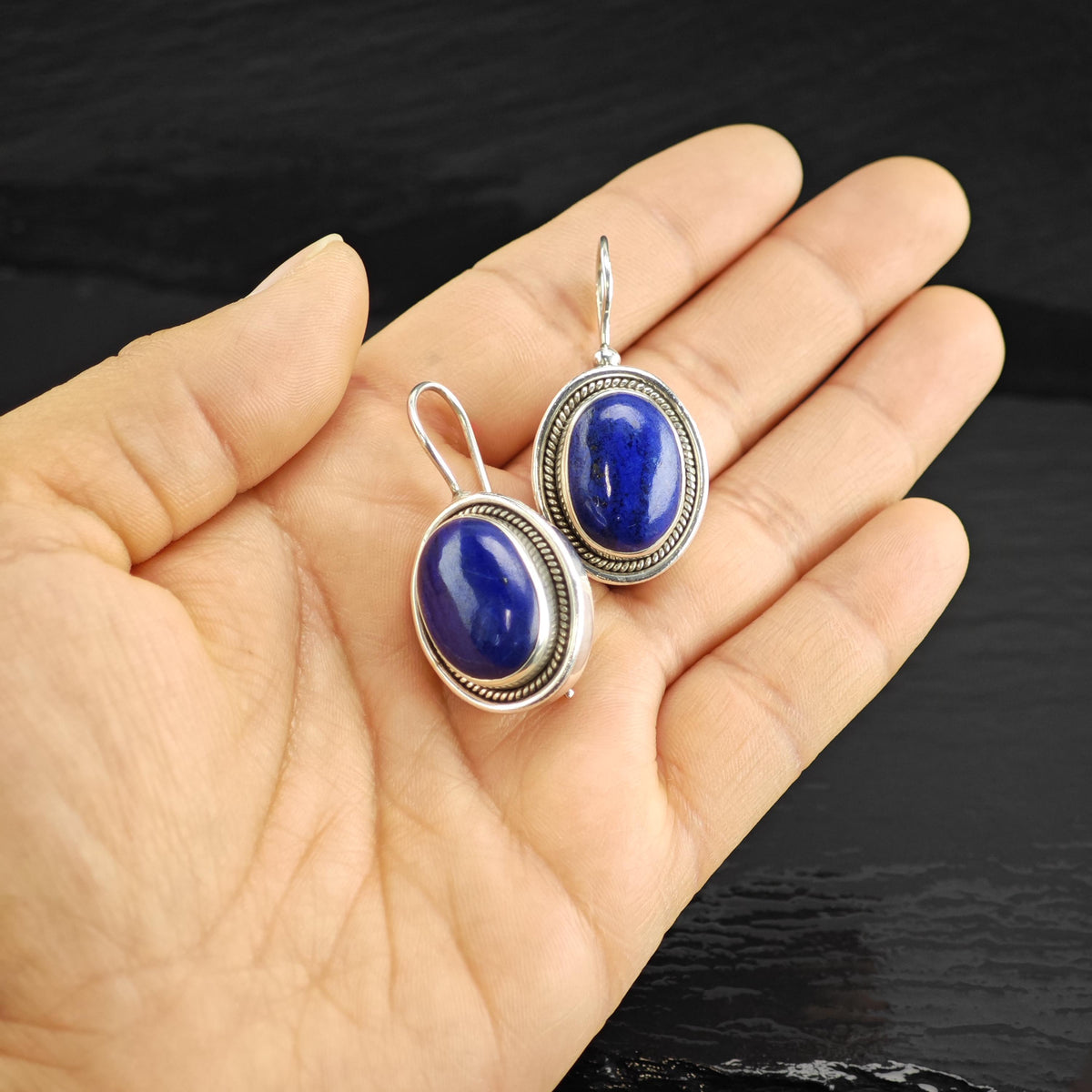 Vintage Lapis Oval Sterling Silver Dangle Earrings ER3215