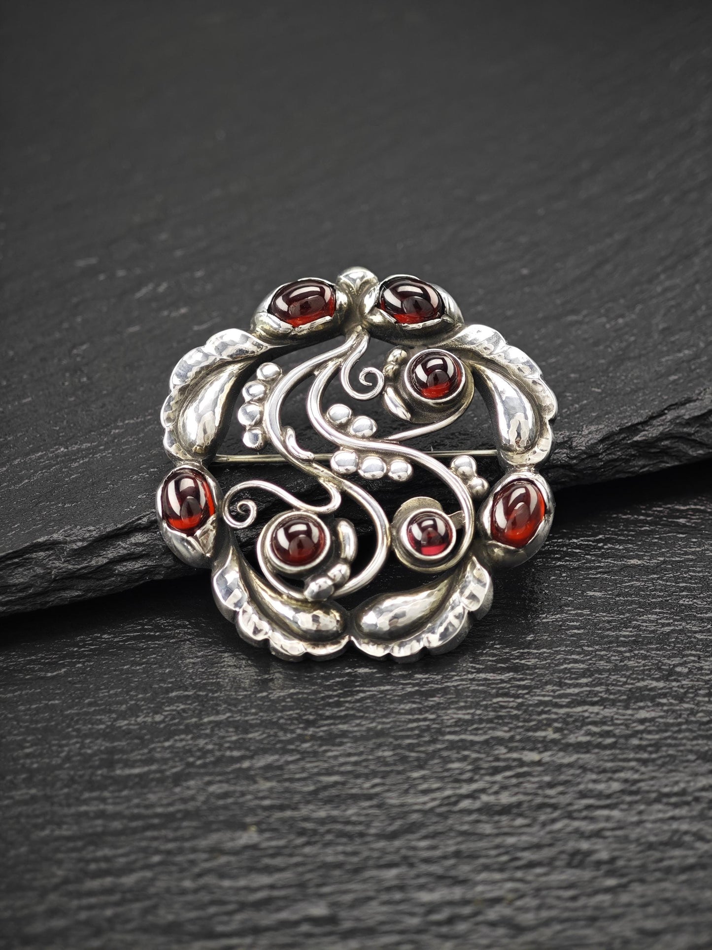 Georg Jensen 159, Garnet Moonlight Blossoms Brooch Sterling Silver