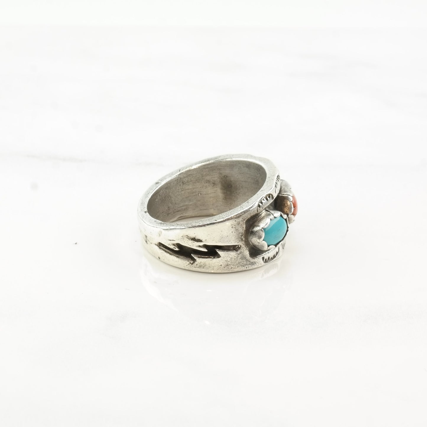 Native American Silver Ring Turquoise Coral Shadowbox Band Sterling Size 8 3/4