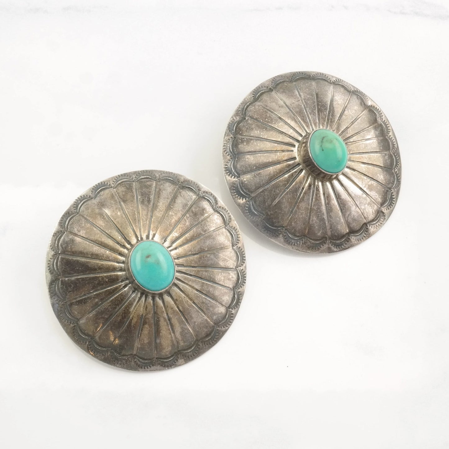 Native American Sterling Silver Blue Turquoise Large Concho Earrings Stud