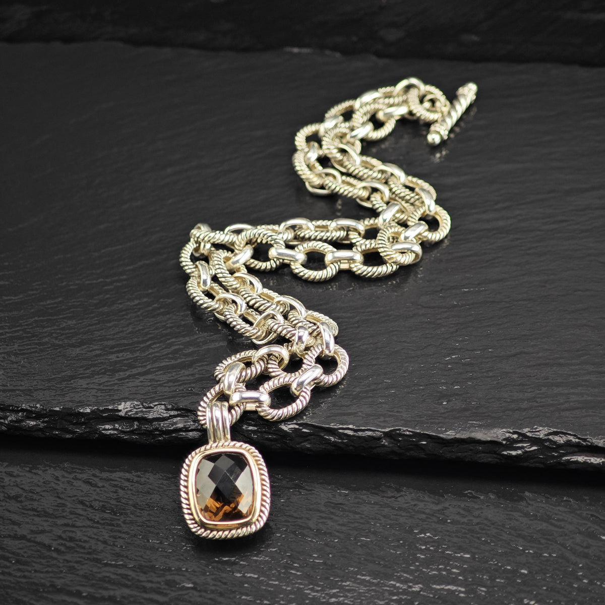 Vintage Michelle Albala Smoky Quartz Gold Bezel Sterling Silver Necklace N2783