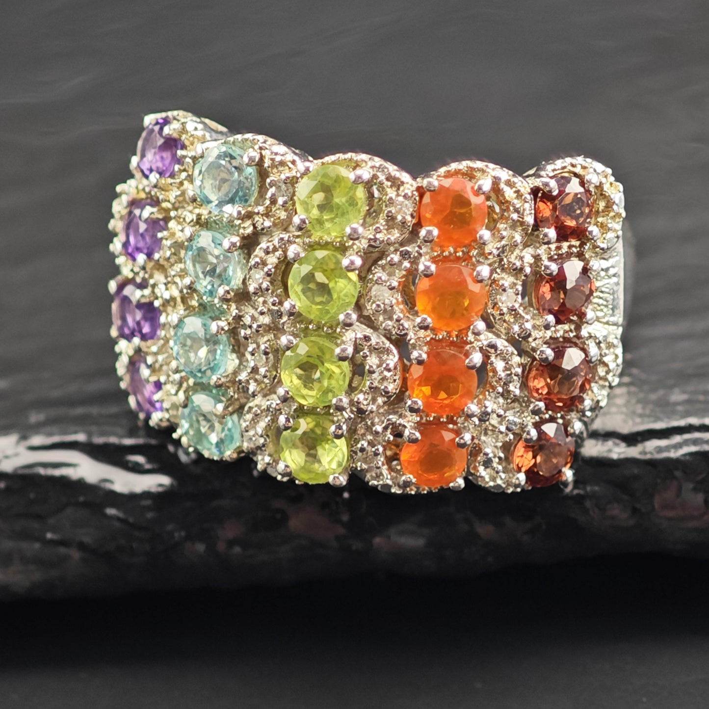 Rainbow Multistone Diamond Sterling Silver Ring Sz 8 R6557