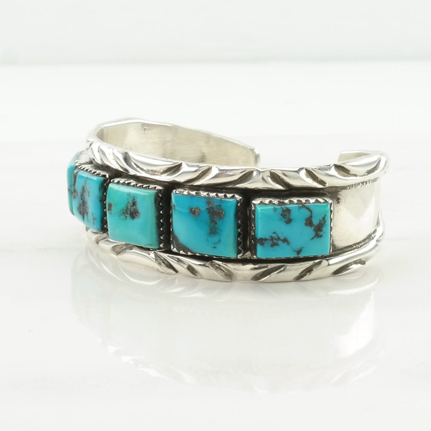 Vintage Native American Sterling Silver Cuff Bracelet Blue Turquoise 5 Stone