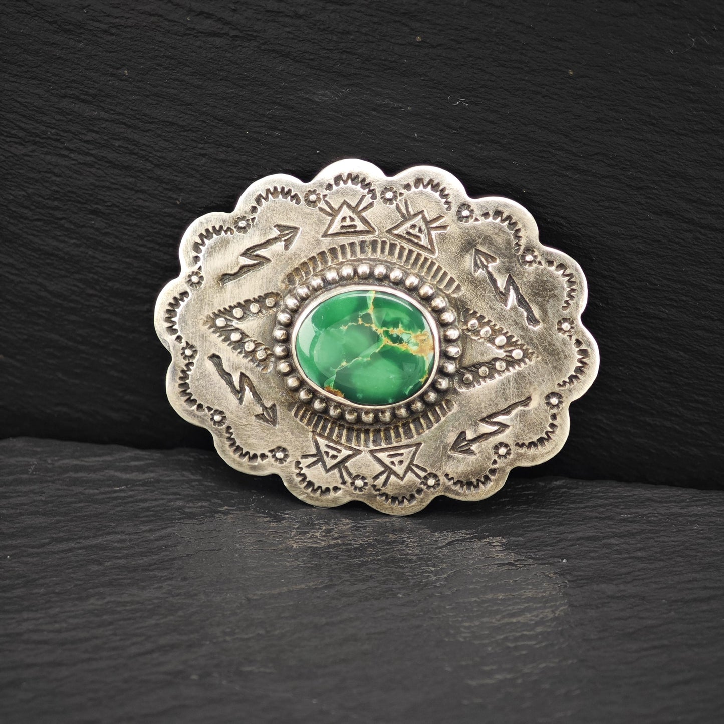 Vintage Native American Sterling Silver Brooch Stamped Green Turquoise