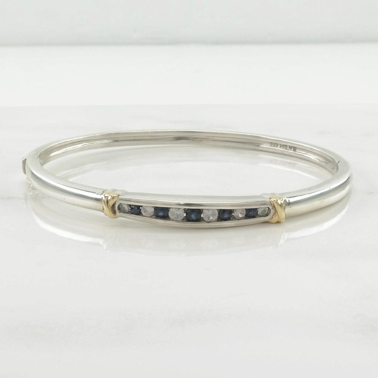 Designer Sterling Silver Bangle Bracelet Dark Blue, White Sapphire 14k Gold Accent