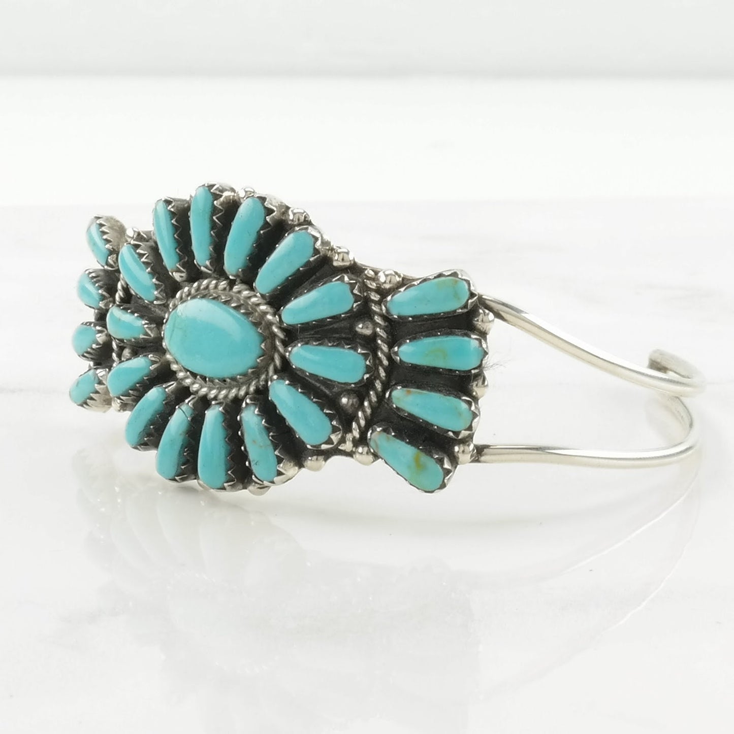 Southwest Sterling Silver Cuff Bracelet Blue Block Turquoise, Cluster Floral