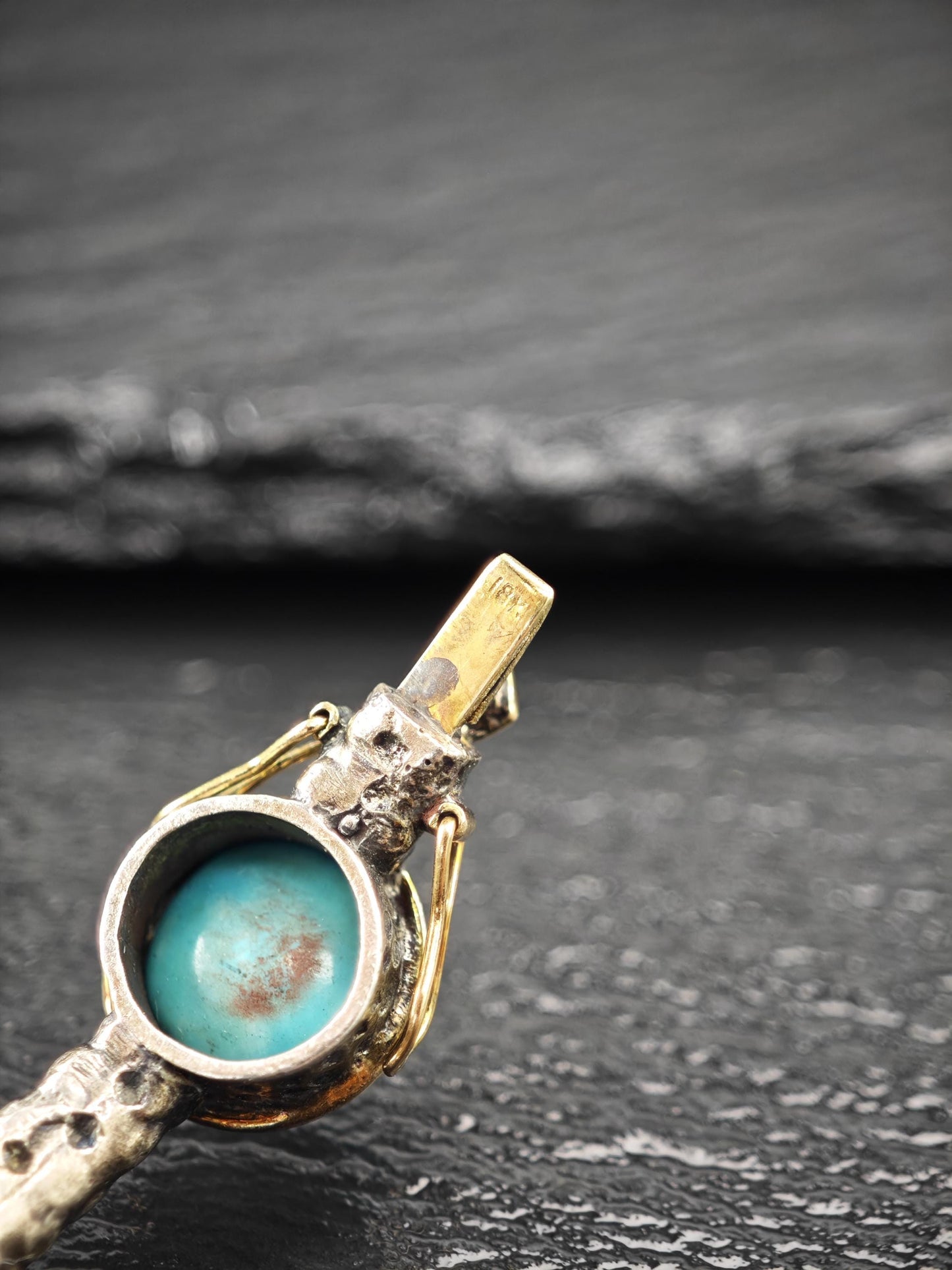 Brutalist Turquoise Diamond 18K Gold Accent Sterling Silver Bangle Bracelet