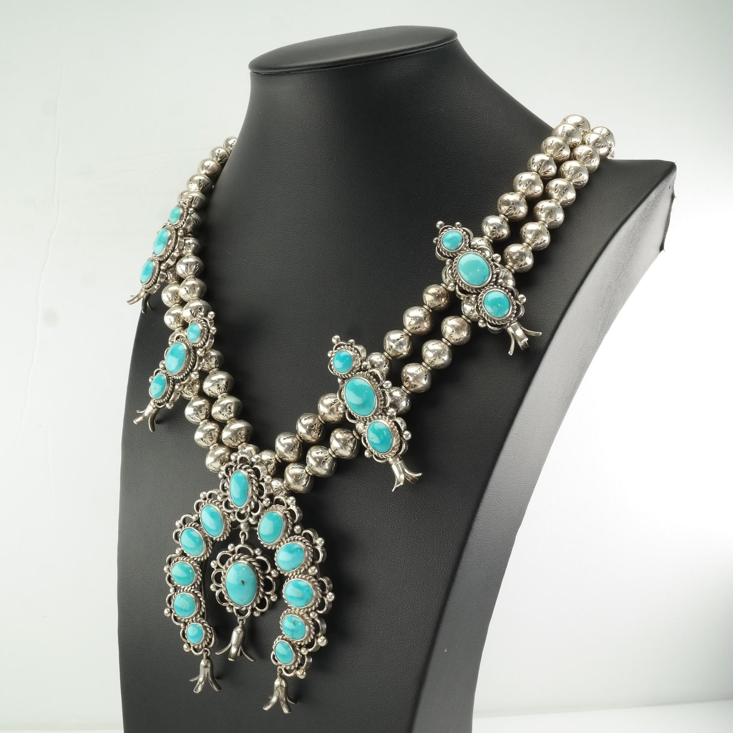 Vintage Southwest Sterling Silver Blue Turquoise Floral Squash Blossom Necklace Earrings Set