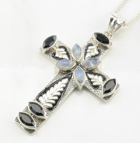 Vintage Nicky Buttler Sterling Silver Moonstone Onyx Enamel Large Cross Leaf Necklace