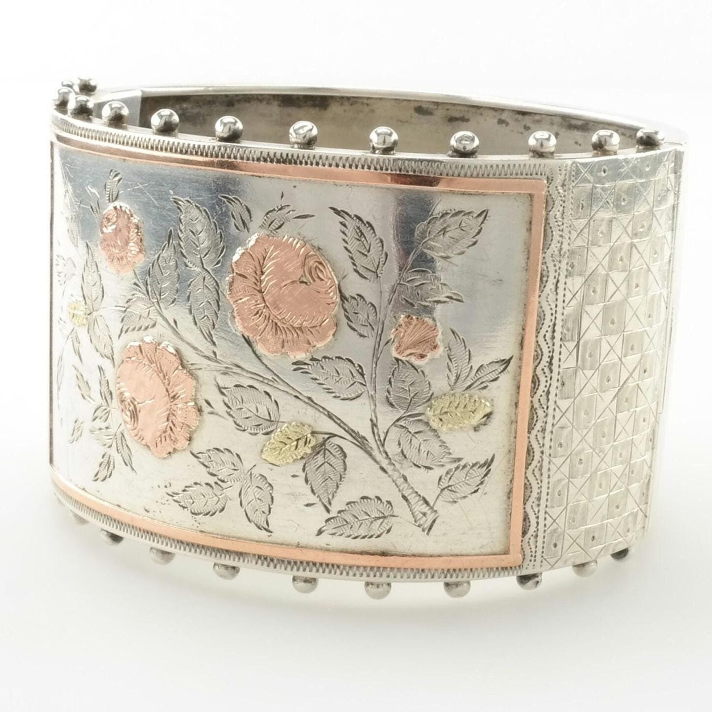 Antique Rose Bangle Floral Bracelet Gold Overlay Sterling Silver Cuff