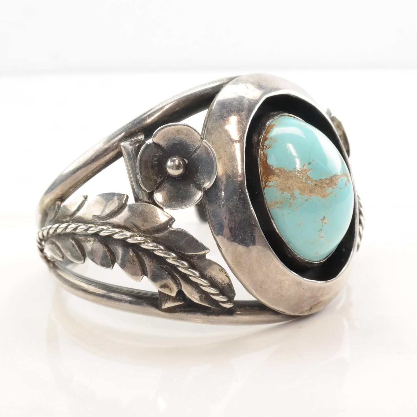 Native American Sterling Silver Persian Turquoise Flower Leaf Shadowbox Cuff Bracelet