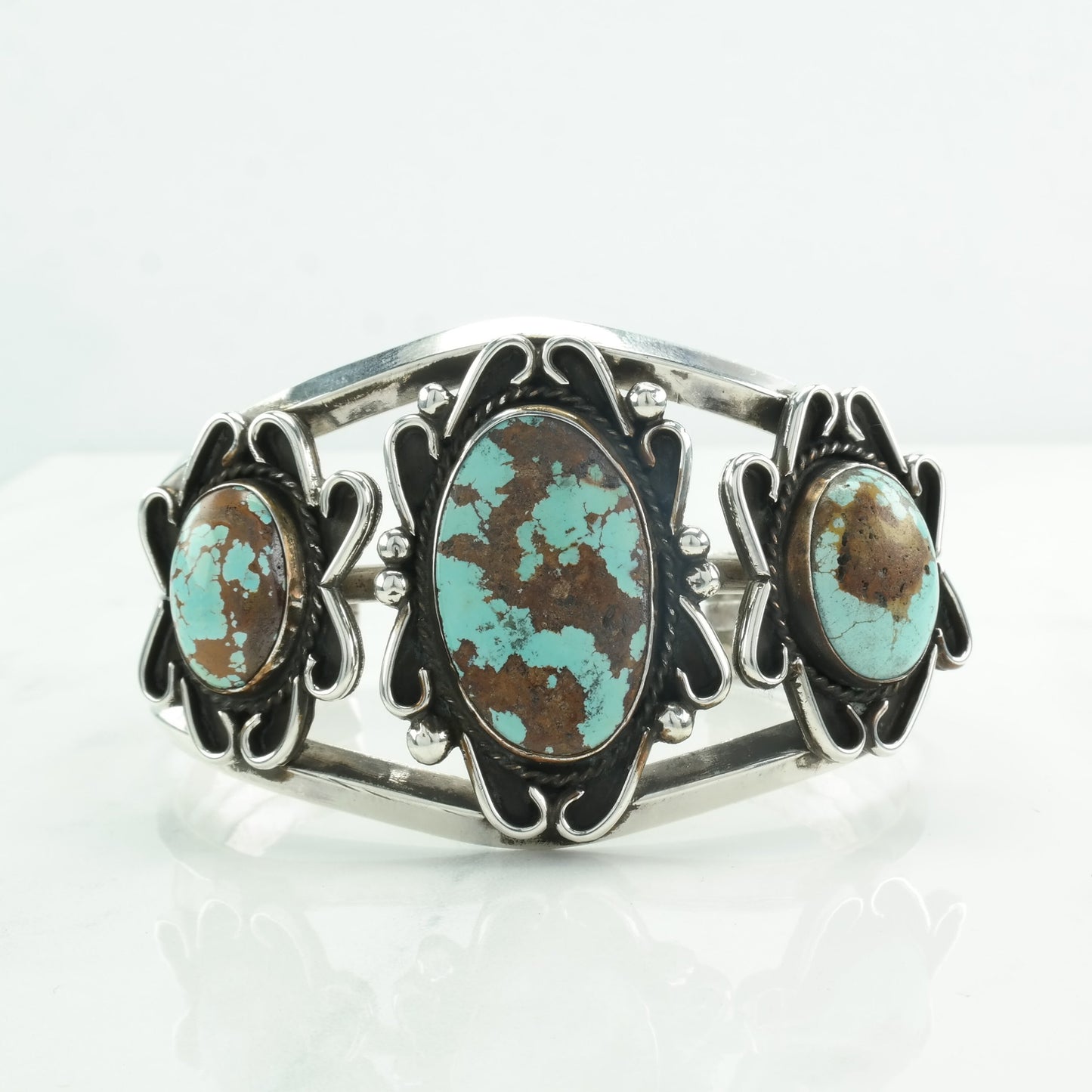 Number Eight Turquoise Native American Sterling Silver Cuff Bracelet Three Stone