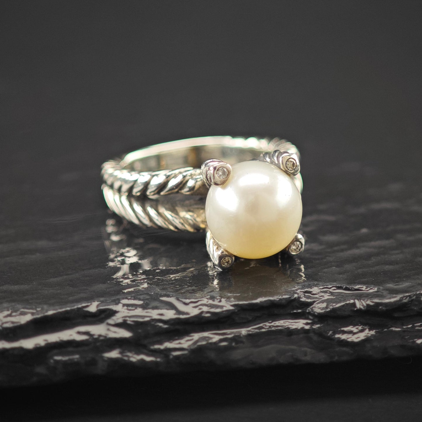 David Yurman 10mm Pearl Diamond Cable Ring Sterling Silver