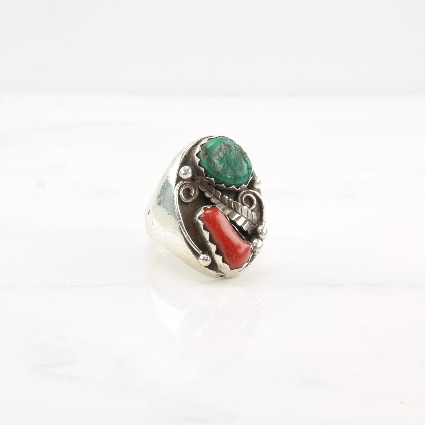 Native American Silver Ring Turquoise Coral Leaf Sterling Size 9 1/2