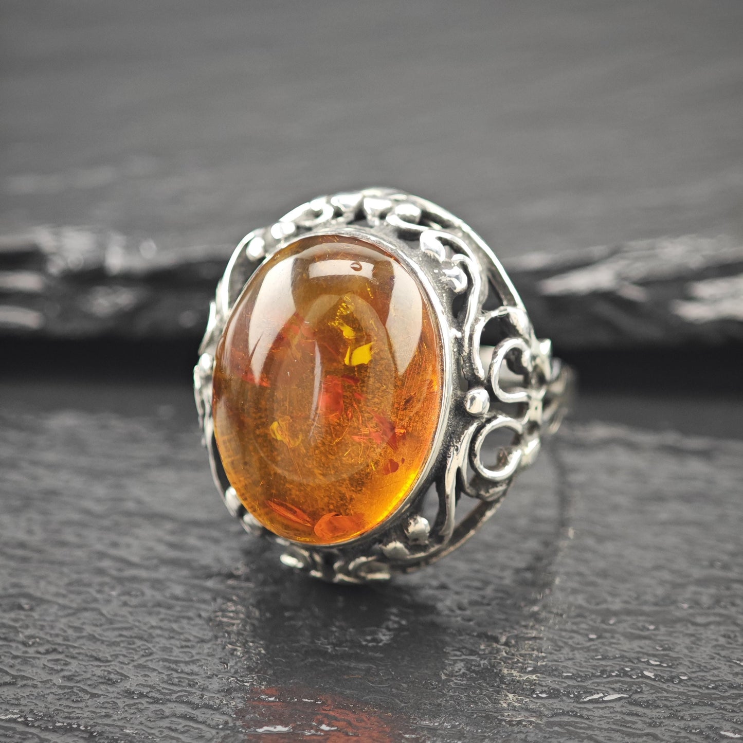 European Dome Amber Ring Sterling Silver Sz 9 1/4